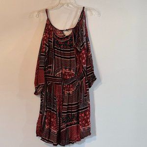 American Eagle Cold Shoulder Maroon Patchwork Boho Fit and Flare Dress L…